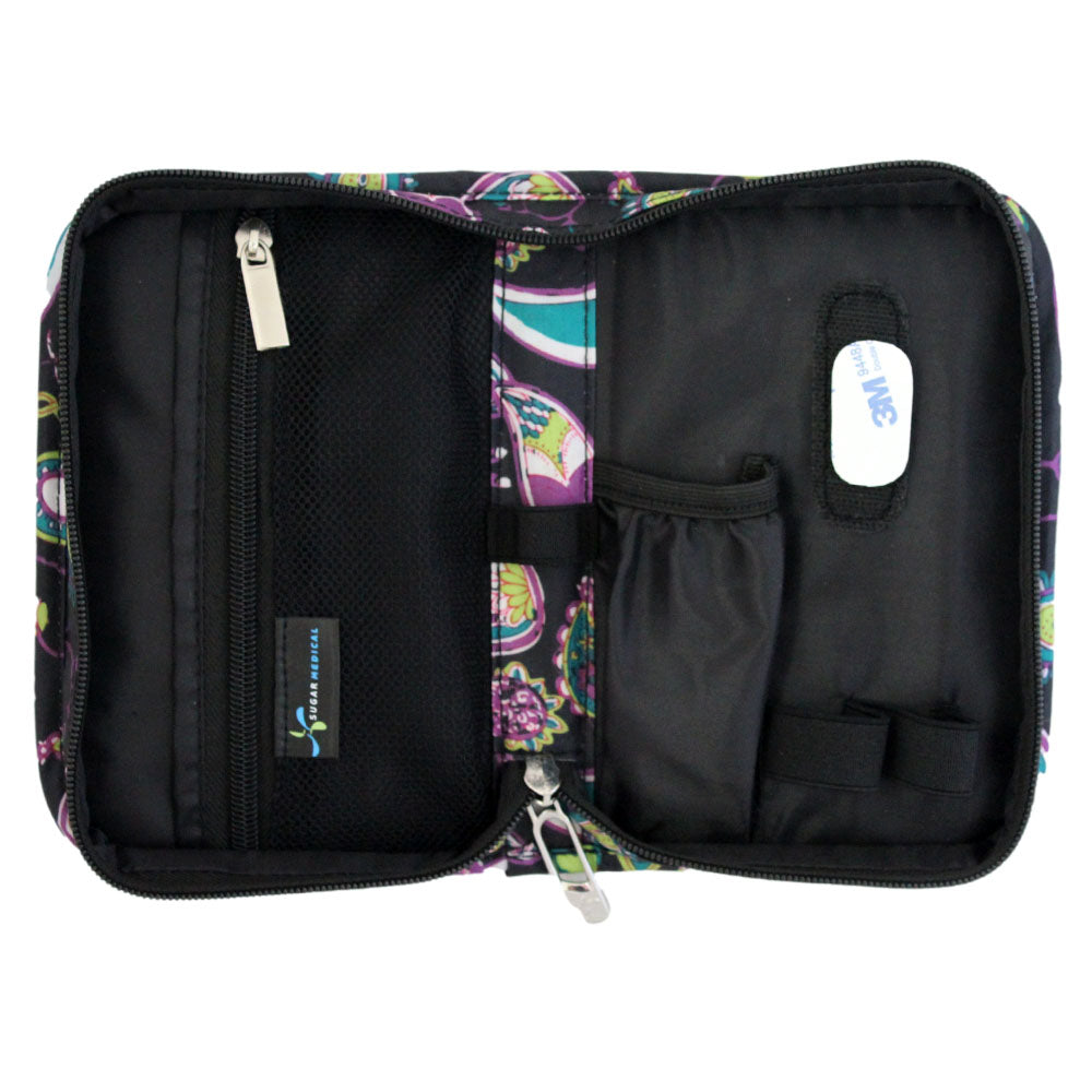 Sugar Medical Diabetes Supply Case II black with purple and teal paisley pattern inside with pockets and loops to organize your diabetic supplies. 