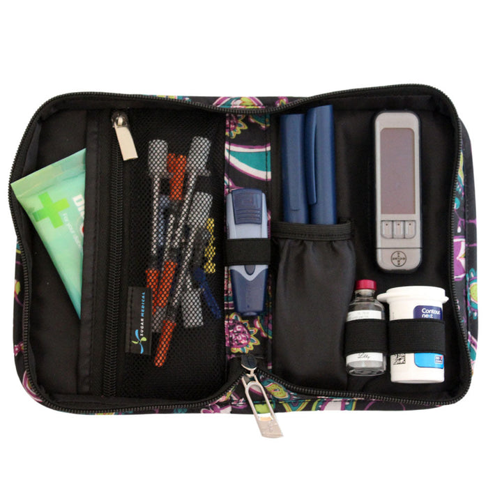Sugar Medical Diabetes Supply Case II black with purple and teal paisley pattern inside set up with glucose meter, test strips, lancet, insulin pens and wipes. 
