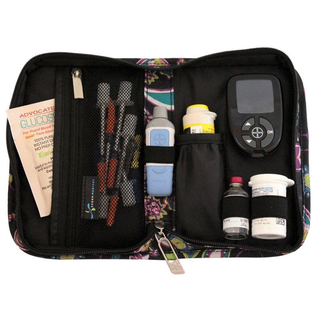 Sugar Medical Diabetes Supply Case II black with purple and teal paisley pattern inside set up with glucose meter, test strips, lancet, insulin pens and glucose sos. 