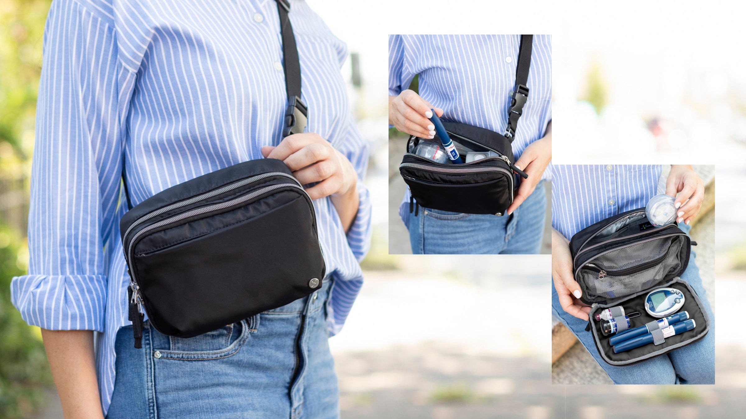 New Arrival of the Black Sugar Medical Diabetes Belt Bag with front pocket to organize your medical supplies and back insulted pocket to keep medicine cool. 