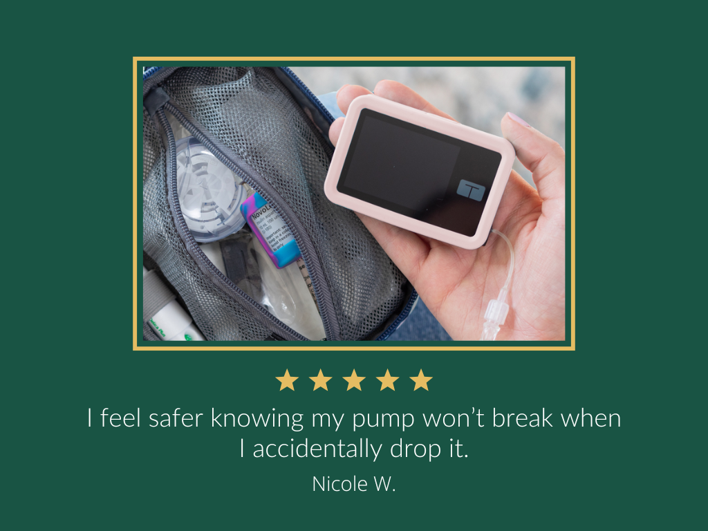 A women holding a light pink Tandem Gel Skin Cover that protects your insulin pump. 