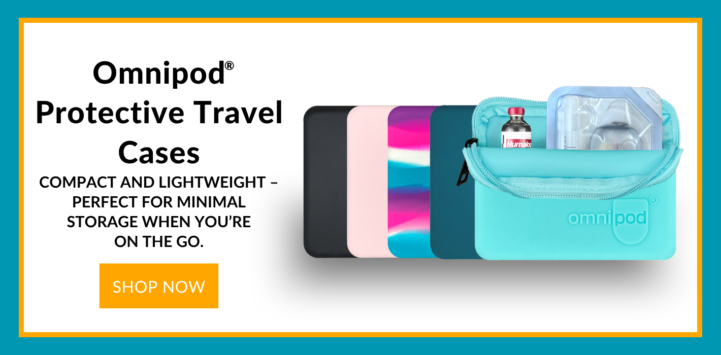 Omnipod protective travel cases with a 'Shop Now' button on a white background