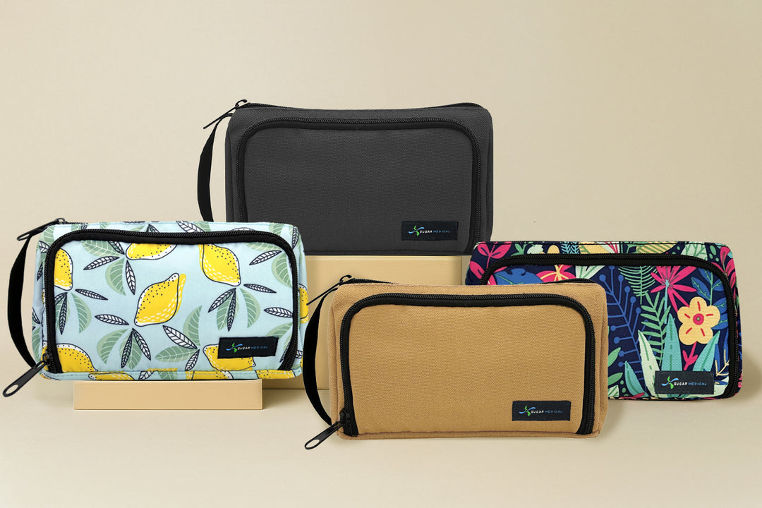 Collection of Insulated Insulin Supply Cases on light brown background. 