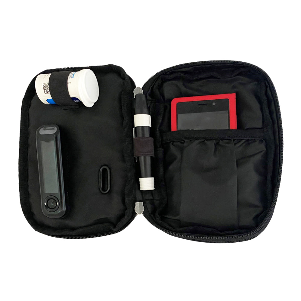 Diabetes Insulated Convertible Belt Bag in black inside set up with glucose meter, test strips, lancet and Omnipod PDM.