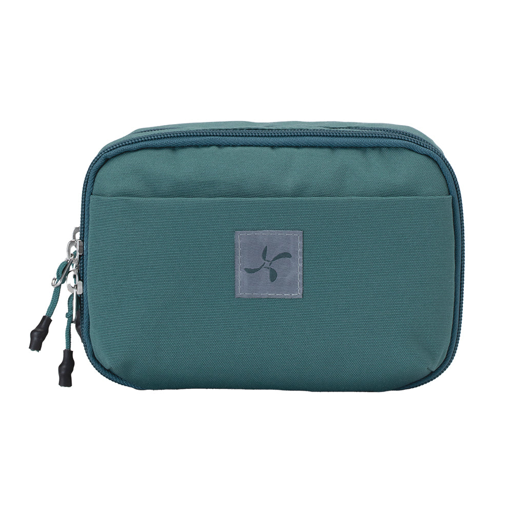 The front of the green pine Diabetes Insulated Convertible Supply Bag with a front zipper for easy access to diabetic supplies.  