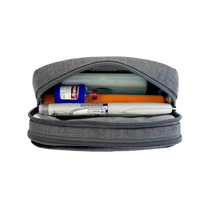 Diabetes Insulated Convertible Bag in Grey back insulated compartment with ice pack, insulin pens and insulin vial. 