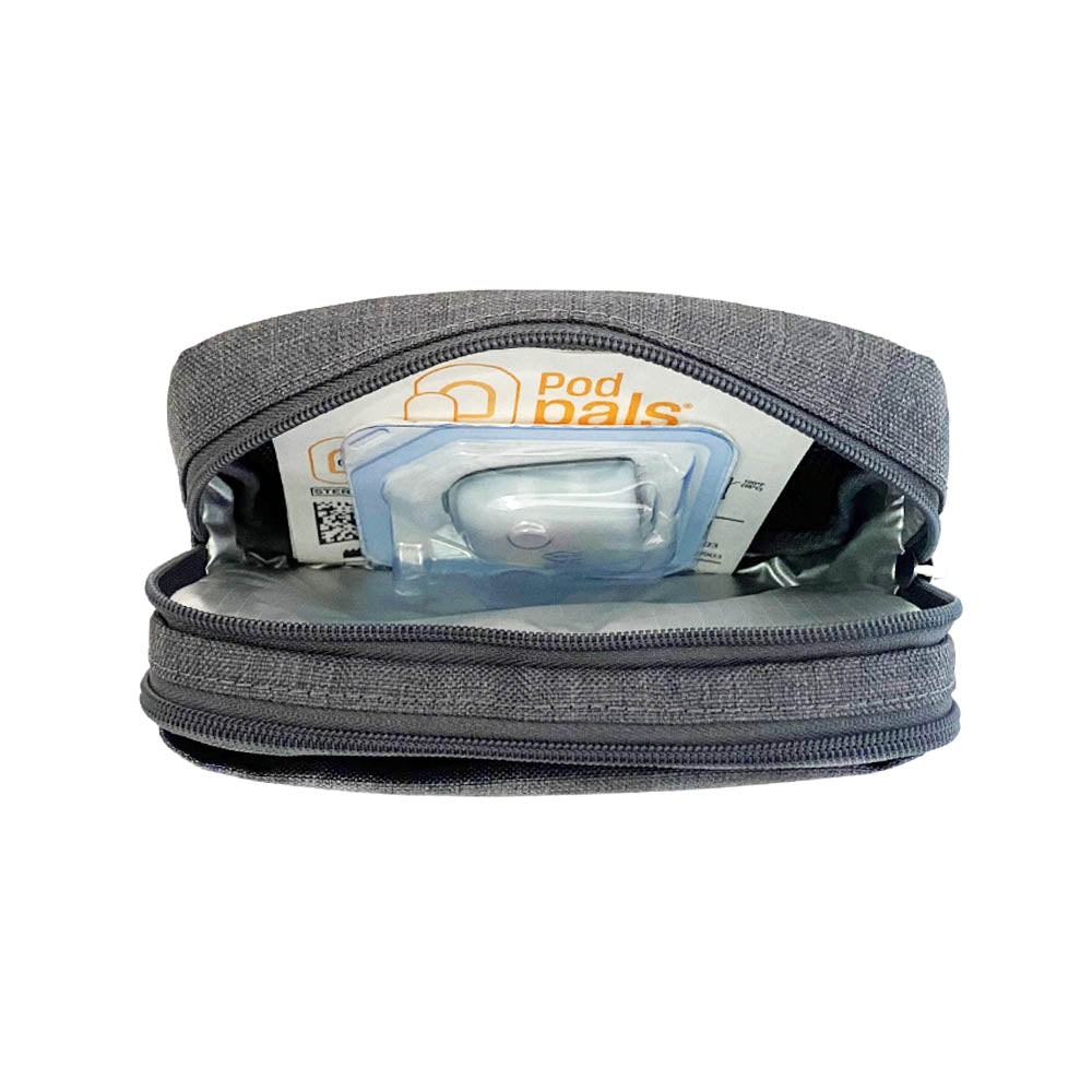 Diabetes Insulated Convertible Belt Bag in grey back insulated compartment with Omnipod supplies including extra Pod and Podpals