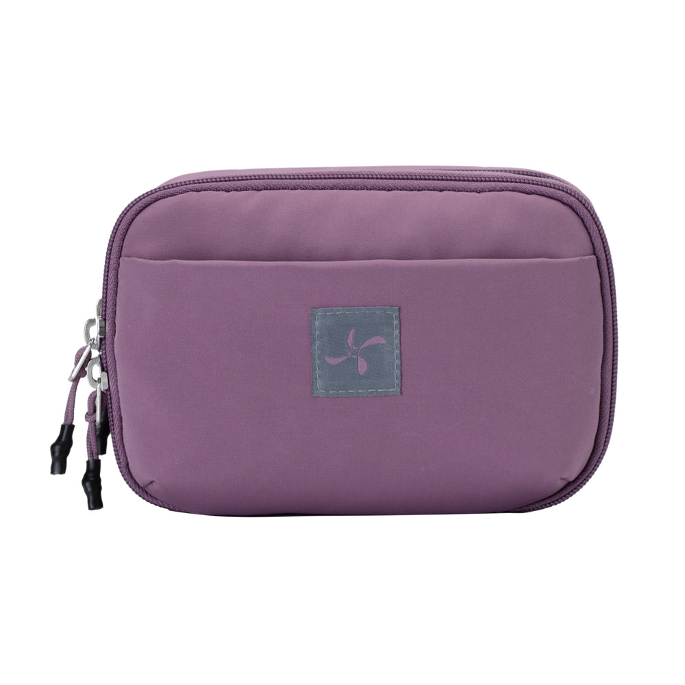 The front of the Misty Purple Diabetes Insulated Convertible Supply Bag with a front zipper for easy access s to diabetic supplies.  