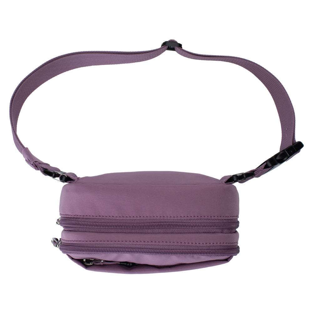 The top of the Misty Purple Diabetes Insulated Convertible Supply Bag shows the adjustable and removable strap. 