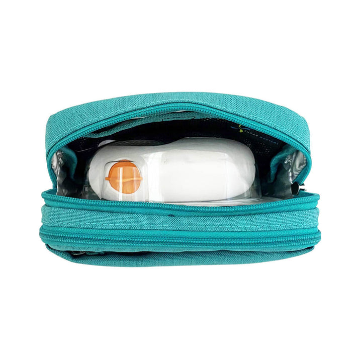 Diabetes Insulated Convertible Belt Bag in turquoise back insulated pocket with Dexcom in it.