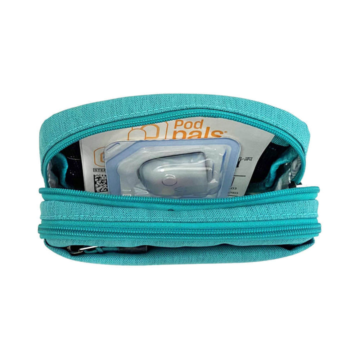 Diabetes Insulated Convertible Belt Bag in turquoise back insulated compartment with Omnipod supplies including extra Pod and Podpals