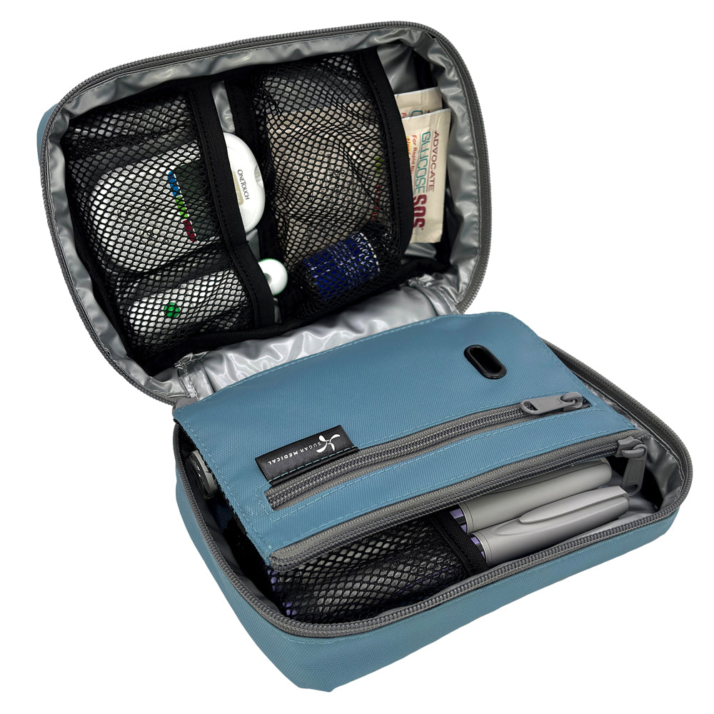 The front section of the steel blue diabetes organizer has three mesh pockets to secure your diabetic supplies
