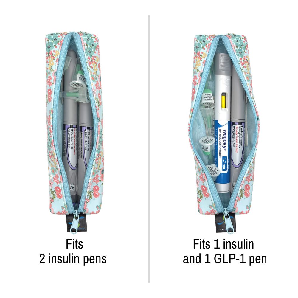 Floral-patterned pen case with insulin and GLP-1 pens inside, showing capacity for multiple pens.