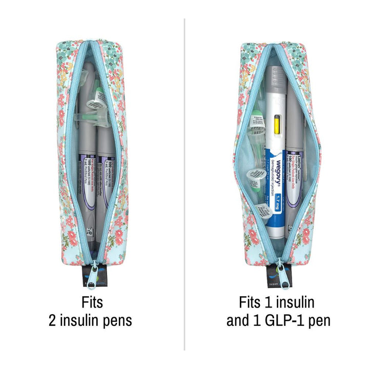 Floral-patterned pen case with insulin and GLP-1 pens inside, showing capacity for multiple pens.