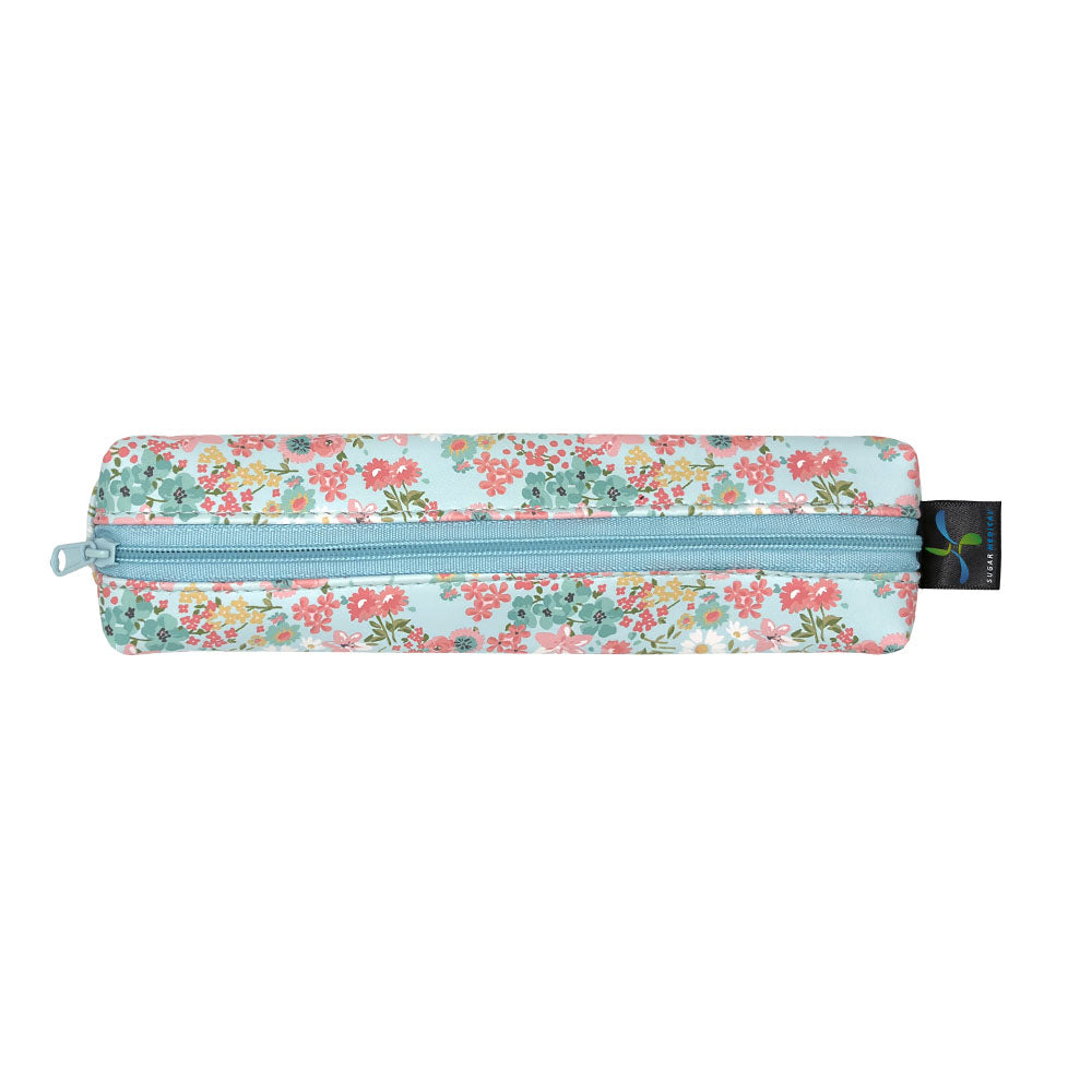 Floral-patterned MedMate GLP-1 / Insulin Pen Case with a blue zipper on a white background 