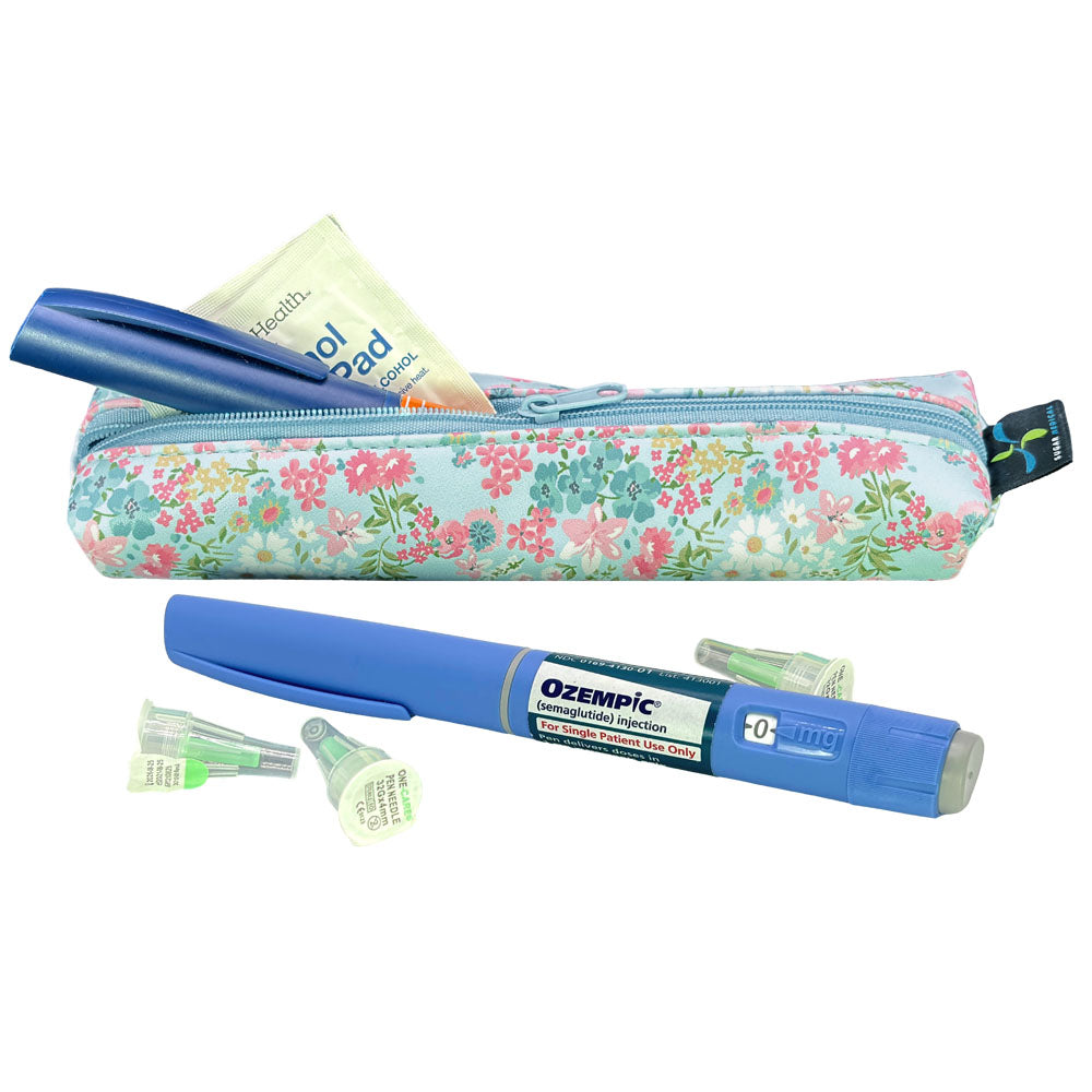 Floral MedMate GLP-1 / Insulin Pen Case with Ozempic pen and pen tips on a white background