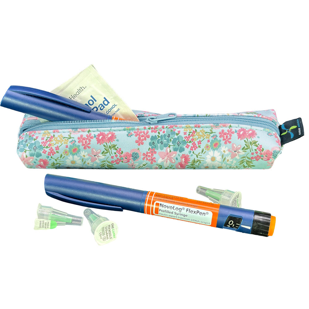 Floral-patterned MedMate GLP-1 / Insulin Pen Case with a blue zipper open with insulin pen coming out. 