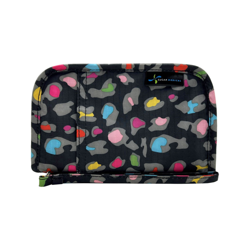 Sugar Medical Diabetes Supply Case II front that is black with colorful leopard pattern.