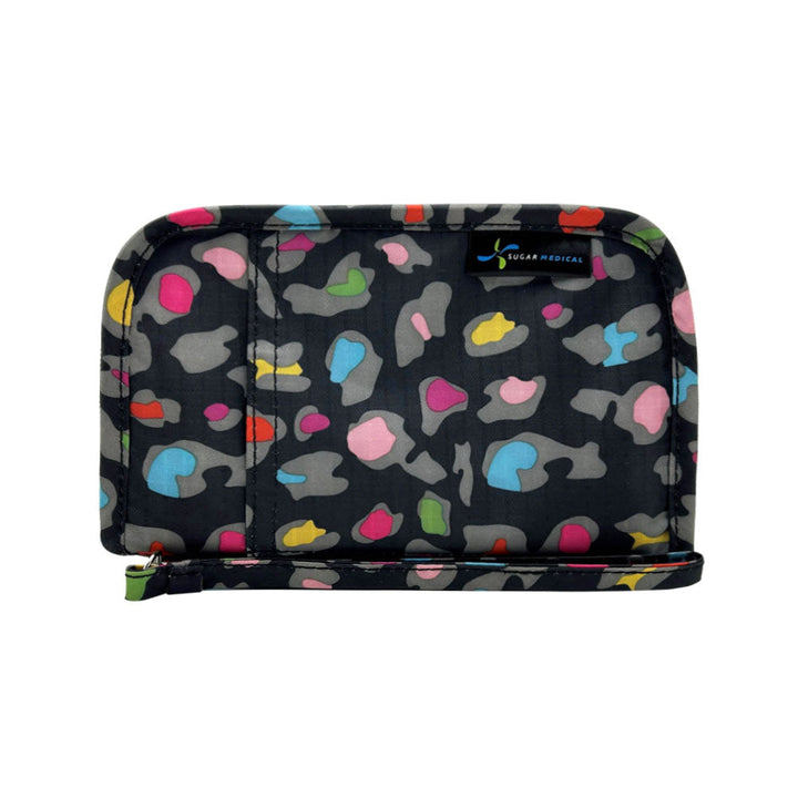 Sugar Medical Diabetes Supply Case II front that is black with colorful leopard pattern.