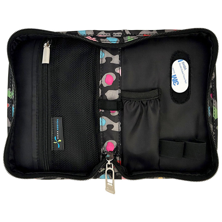 Sugar Medical Diabetes Supply Case II black with colorful leopard pattern inside with pockets and loops to organize your diabetic supplies. 