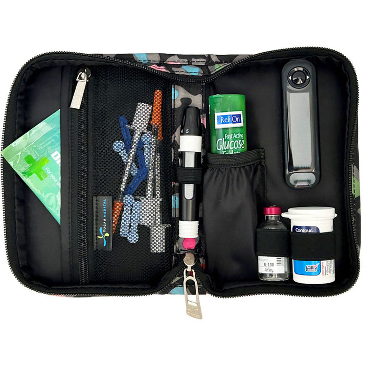 Sugar Medical Diabetes Supply Case II black with colorful leopard pattern inside set up with glucose meter, test strips, lancet, and glucose tabs and wipes. 