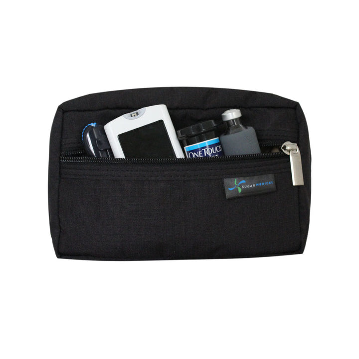 Black removable supply pouch that fits glucose meter, test strip and lancet. 