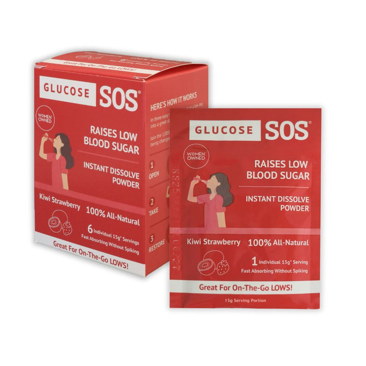 A box of Kiwi Strawberry Glucose sos six pockets with 1 packets pulled out of the box. 