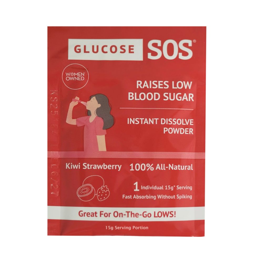 A packet of a Kiwi Strawberry Glucose SOS for rapid blood glucose recovery. 