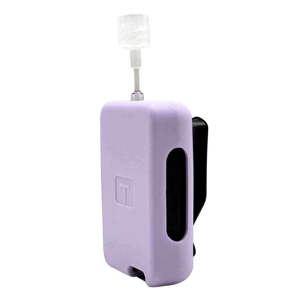 Lavender Tandem Mobi EZ-To-Charge Clip with Mobi insulin pump inside the case, standing straight up tilted to left. 