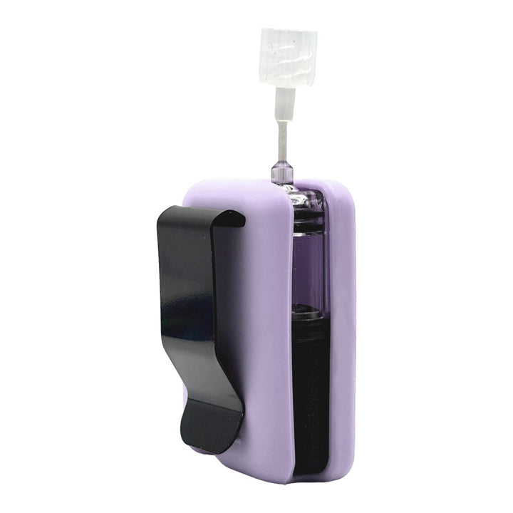 Lavender Mobi Clip standing straight up showing metal clip on back. 
