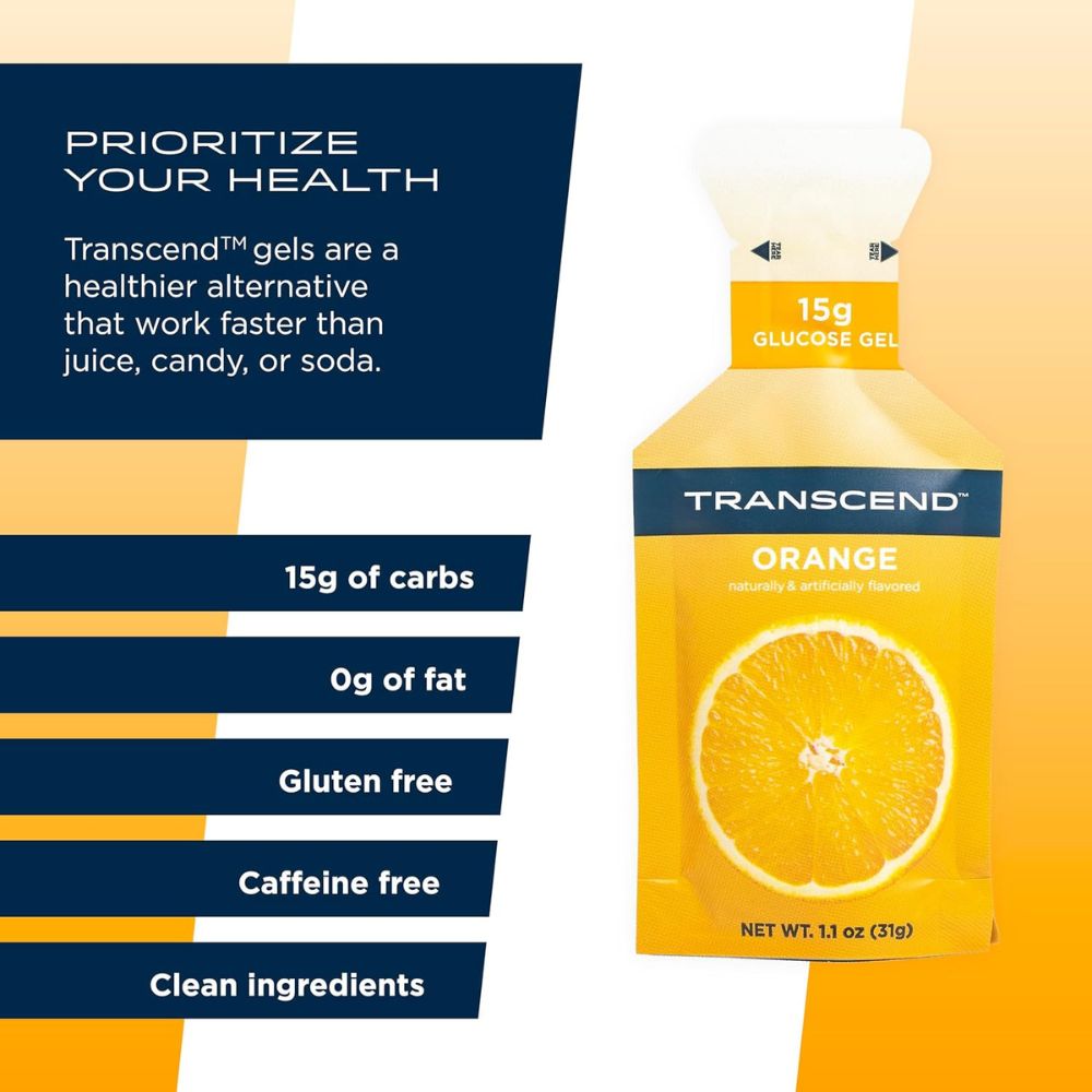 A package of Transcend Glucose Gel in Orange flavor with the focus on the product. Text or graphic elements on the image highlight the benefits of the gel, such as providing quick energy, being easy to carry, and having fast absorption