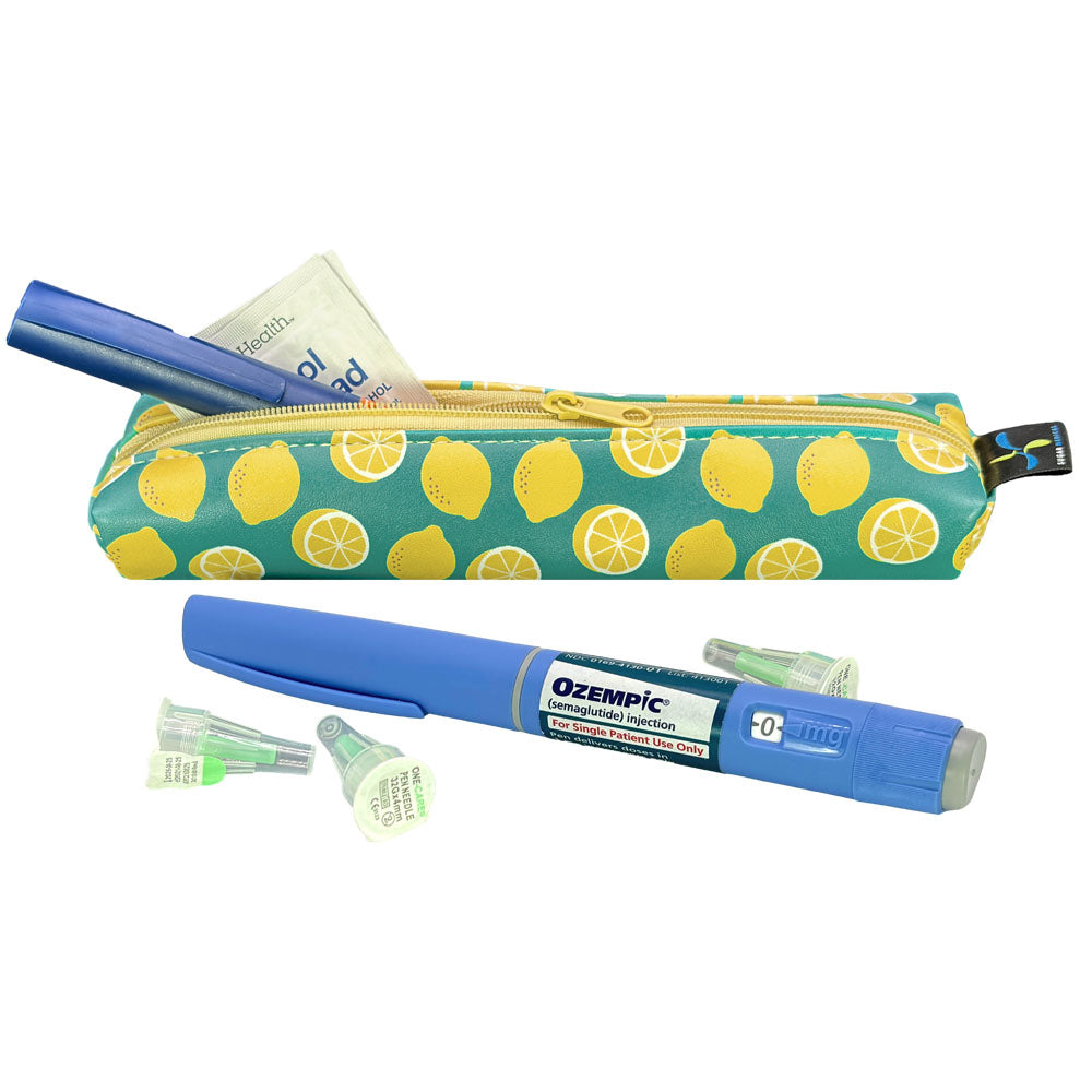Lemon MedMate GLP-1 / Insulin Pen Case with Ozempic pen and pen tips on a white background