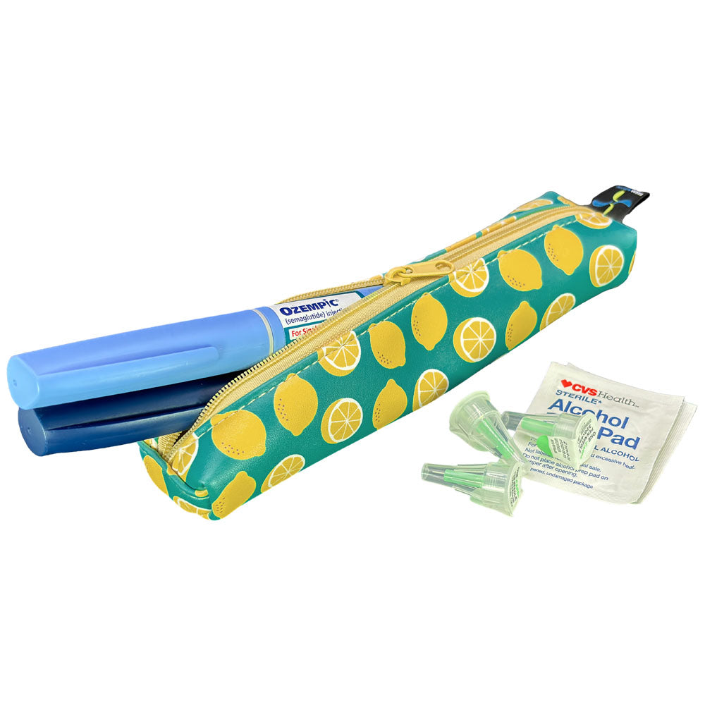 Lemon-patterned MedMate GLP-1 / Insulin Pen Case with a purple zipper open with GLP-1 pen coming out.