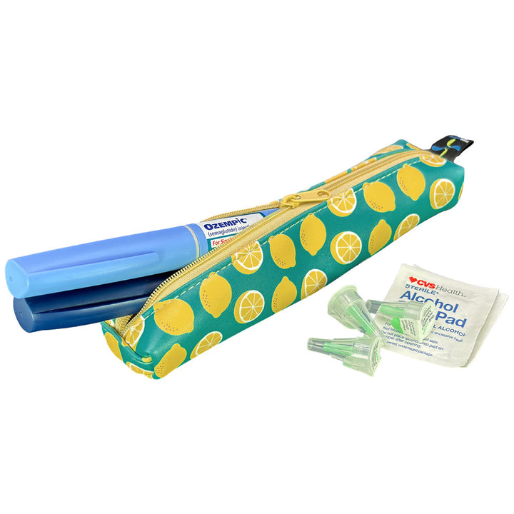 Lemon-patterned MedMate GLP-1 / Insulin Pen Case with a purple zipper open with GLP-1 pen coming out.
