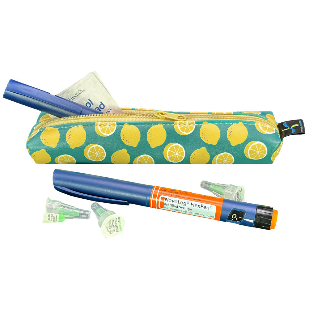 Lemon-patterned MedMate GLP-1 / Insulin Pen Case with a blue zipper open with insulin pen coming out. 