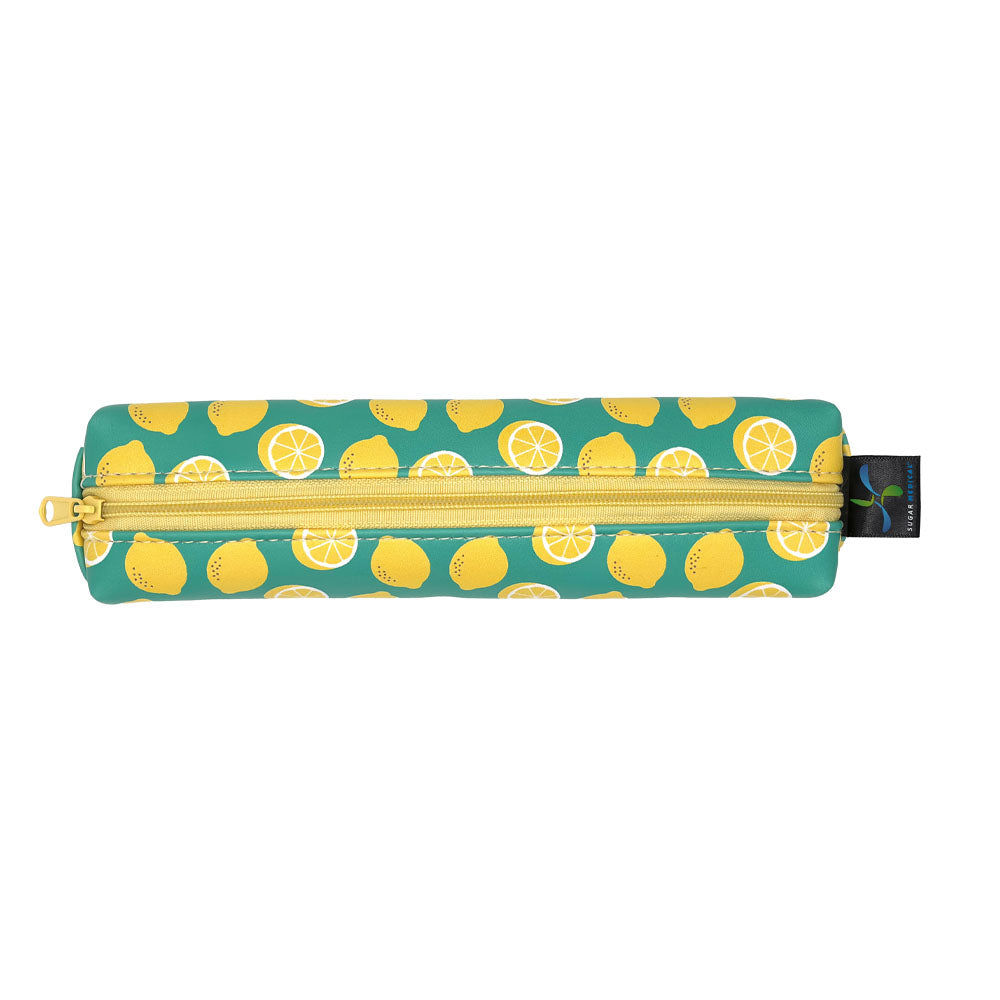 Lemon-patterned MedMate GLP-1 / Insulin Pen Case with a blue zipper on a white background 