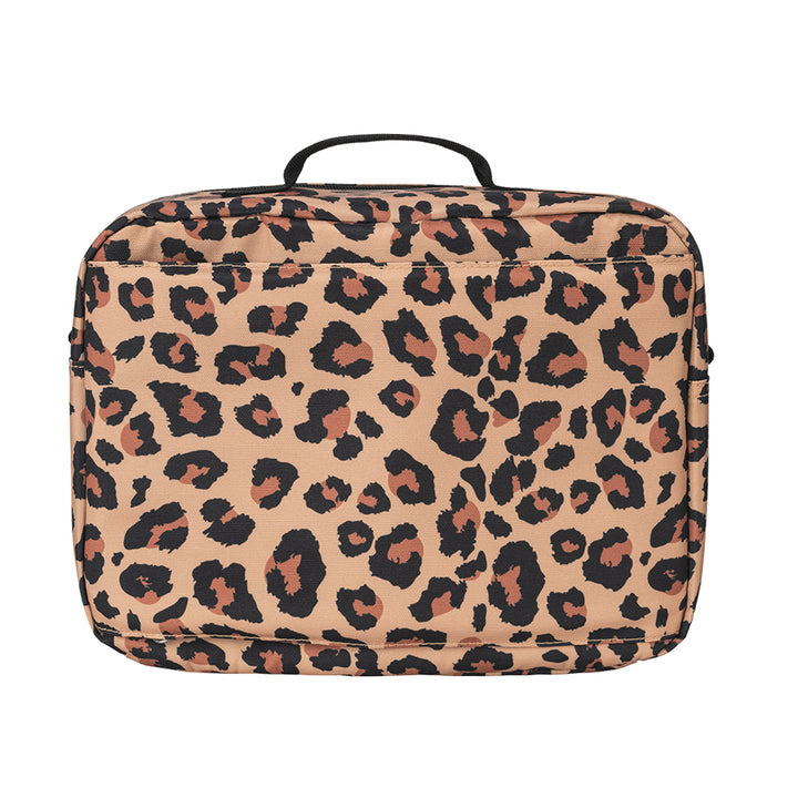 A back of a diabetes supply travel with a leopard print pattern in beige, brown, and black, featuring a top carry handle, shown against a plain white background.