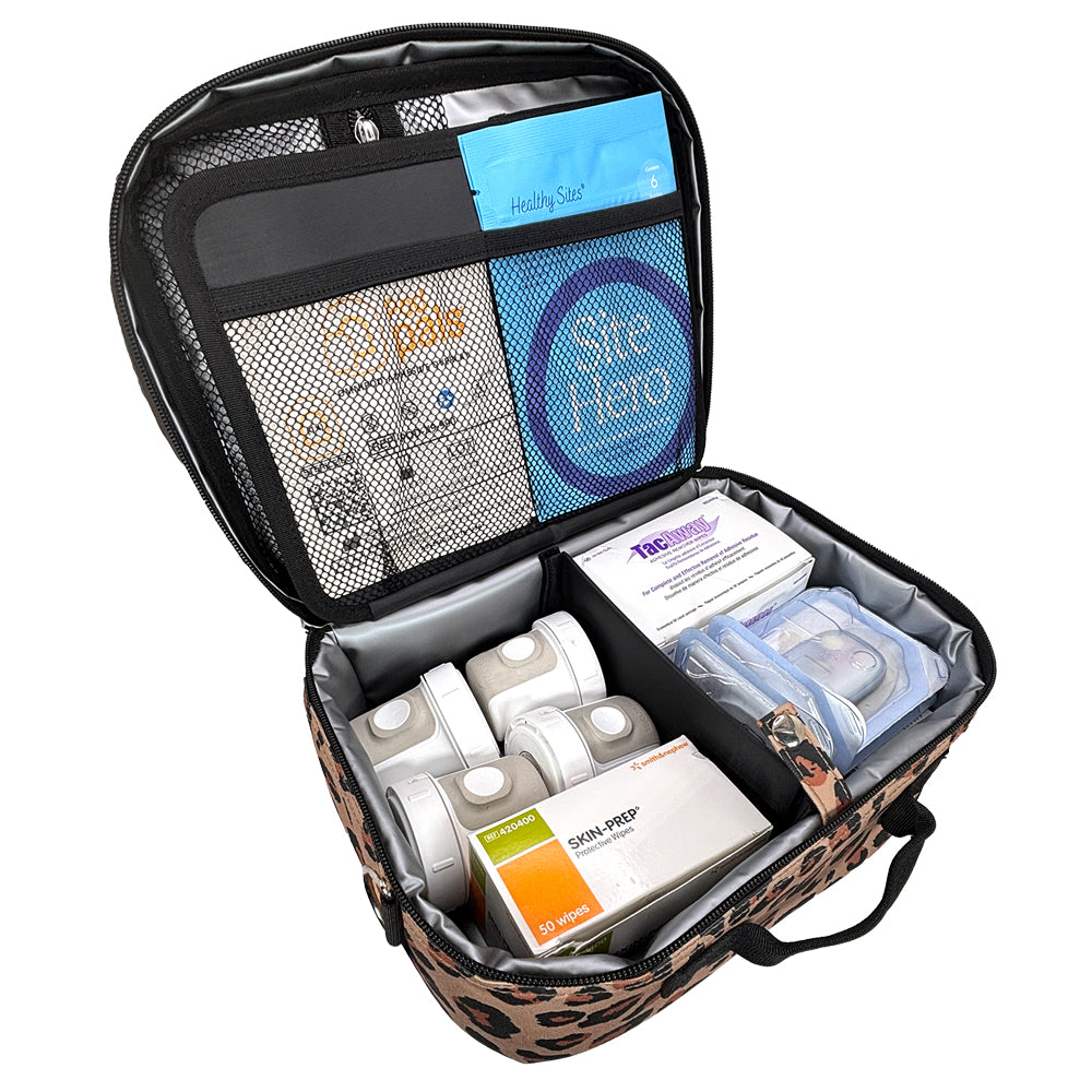 An open leopard-print carrying case with black mesh and fabric compartments, insulin pens, glucose meter, and other diabetes supplies, photographed on a plain white background.