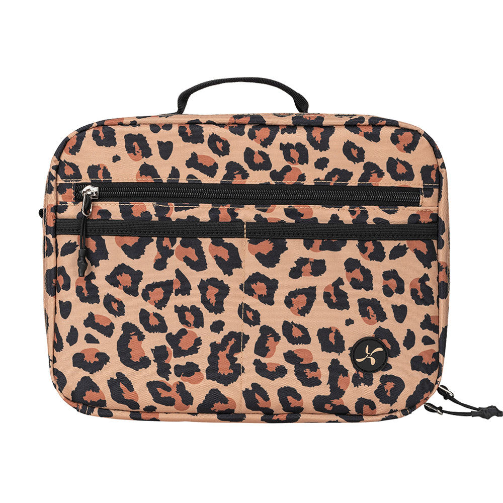 A diabetes supply travel bag with a leopard print pattern in beige, brown, and black, featuring a top handle, a front zip pocket, and a small circular Sugar Medical logo patch near the bottom right.