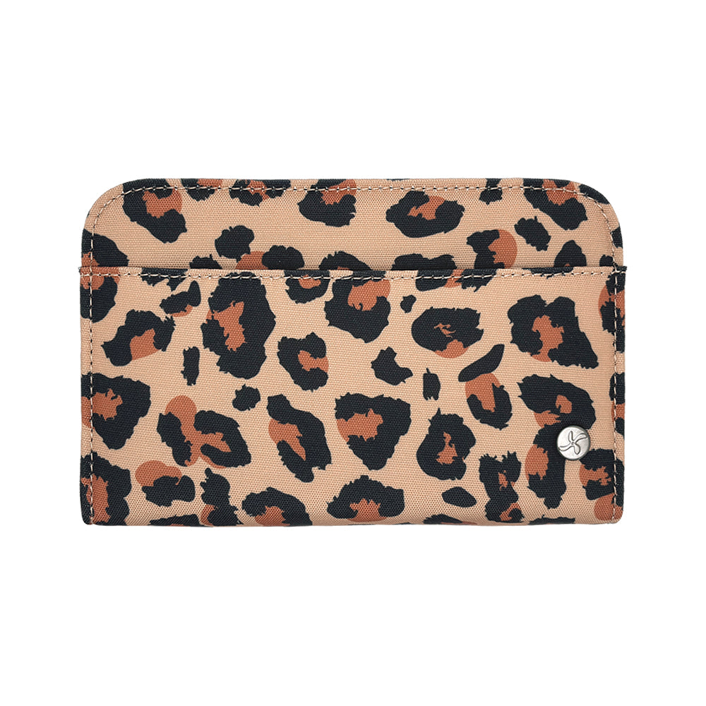 A leopard-print diabetes supply case in beige, black, and brown, shown against a plain white background. A small silver logo charm is attached to the right side.