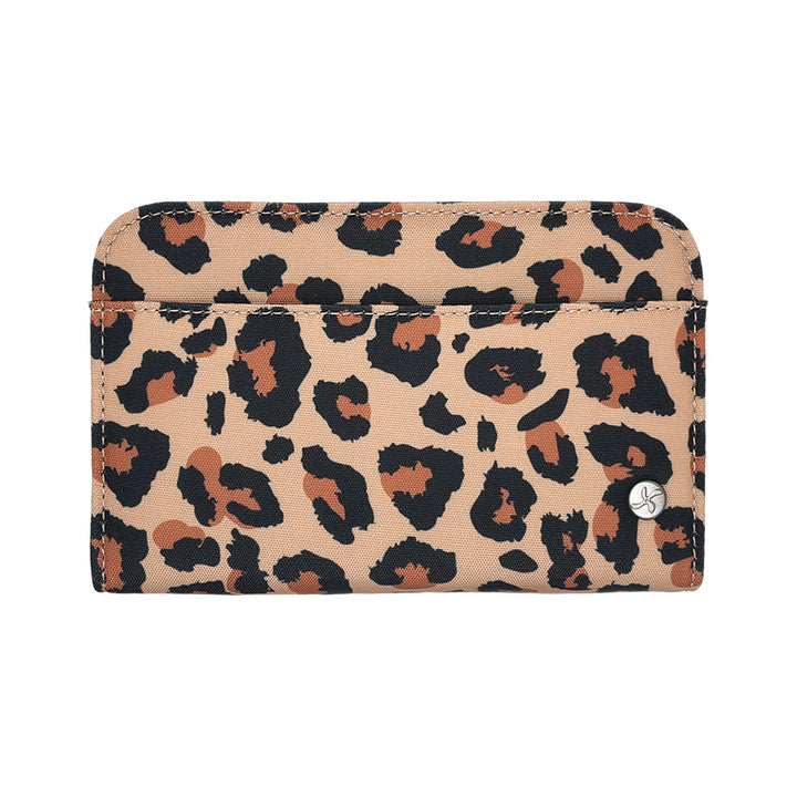 A leopard-print diabetes supply case in beige, black, and brown, shown against a plain white background. A small silver logo charm is attached to the right side.