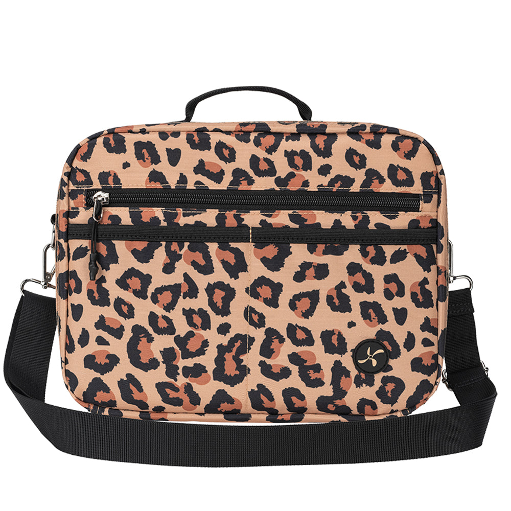 A diabetes travel bag with a leopard print pattern in beige, brown, and black, featuring a top handle, front zippered pockets, and an adjustable black shoulder strap.