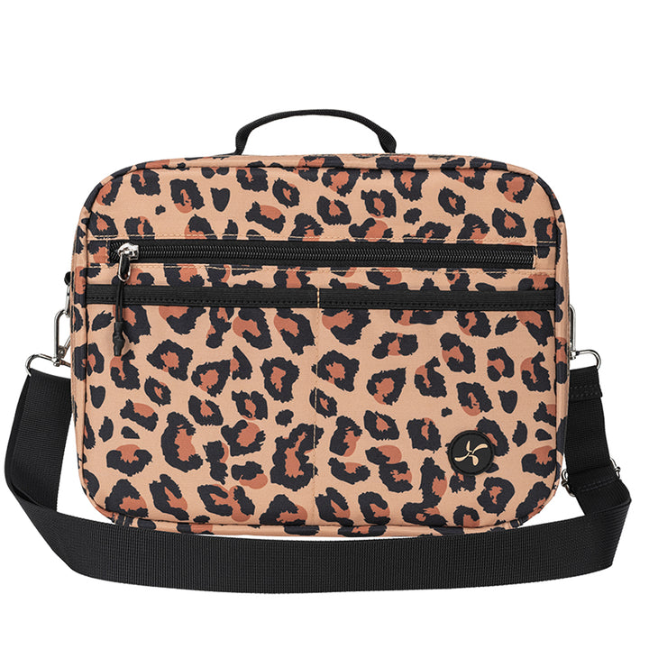 A diabetes travel bag with a leopard print pattern in beige, brown, and black, featuring a top handle, front zippered pockets, and an adjustable black shoulder strap.
