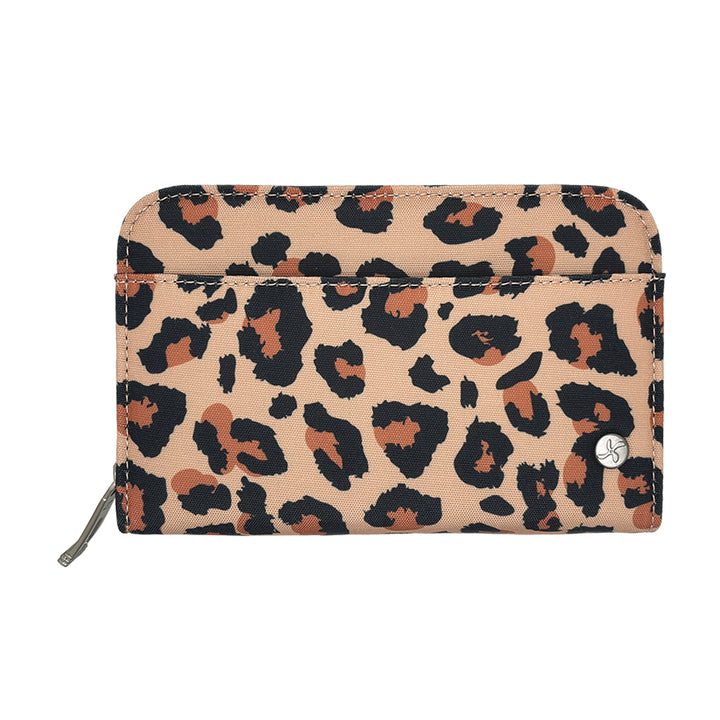 A leopard print diabetes supply case with a beige background, black and brown spots, and a small silver logo stud on the right side.