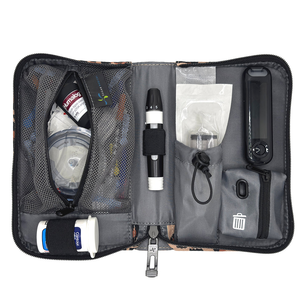 An open gray and black diabetes management kit organizer bag, showing its interior compartments filled with a blood glucose meter, test strips, a lancet, a small bottle, and other medical supplies on a white background.