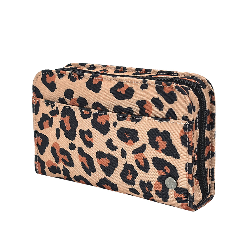 A leopard print diabetes supply case with a beige background and black and brown spots, featuring a silver metal button on the front.