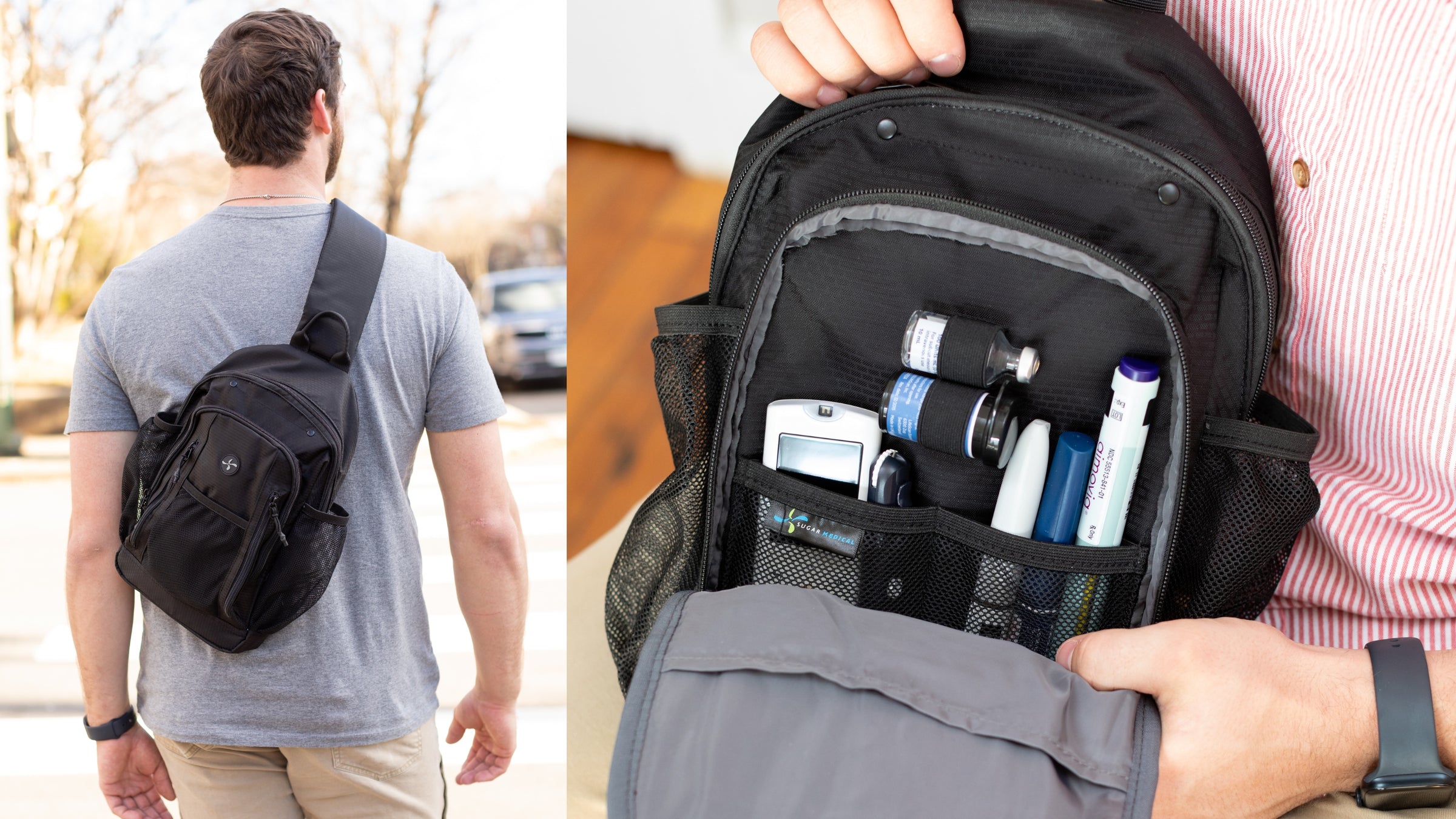 Side-by-side images: on the left, a man wearing a black diabetes sling backpack; on the right, the backpack opened to show neatly organized diabetes supplies inside, including insulin, pens, and other essentials.