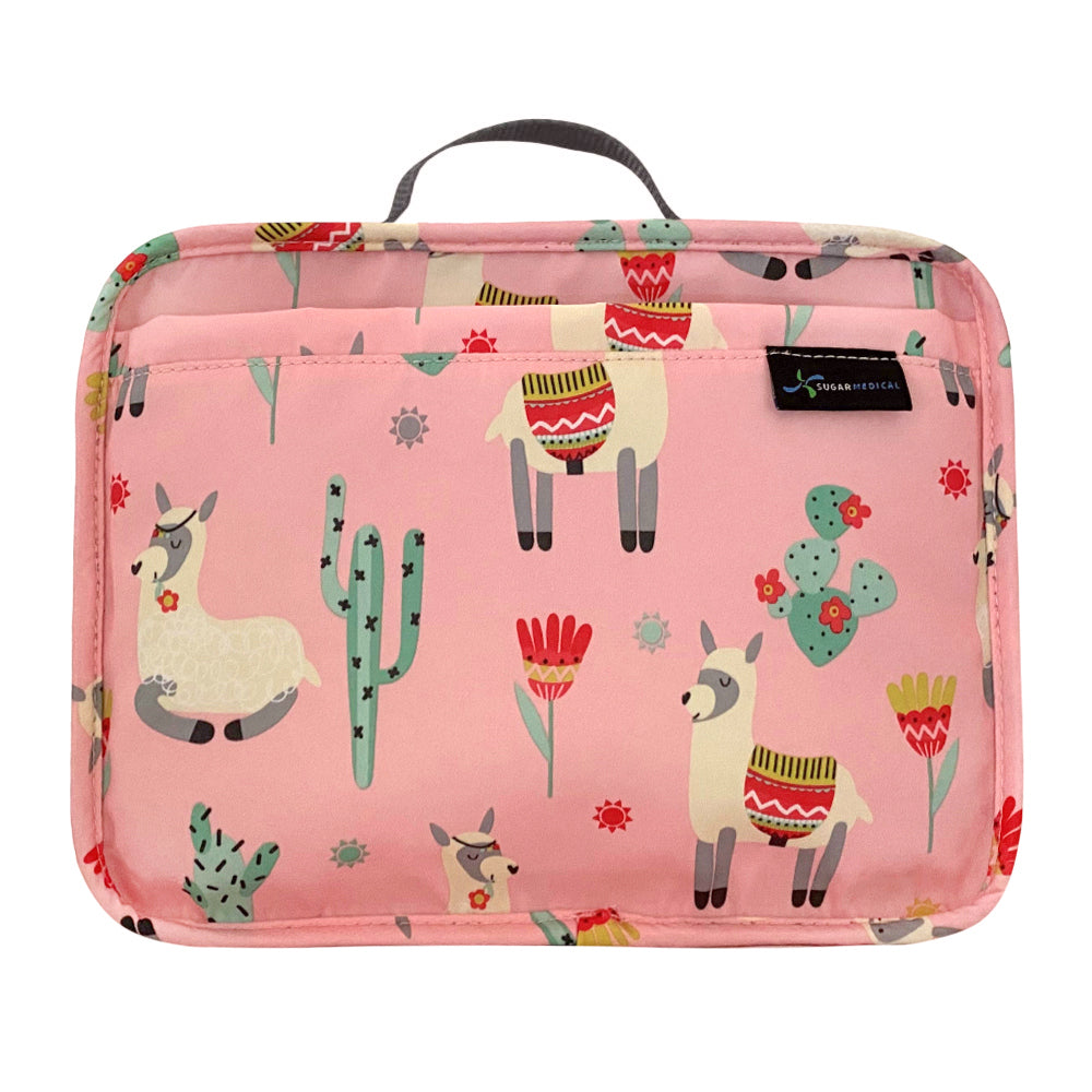 Stay organized with our Diabetes Insulated Travel Bag in pink with llamas by keeping diabetic supplies together and easily visible while traveling. 