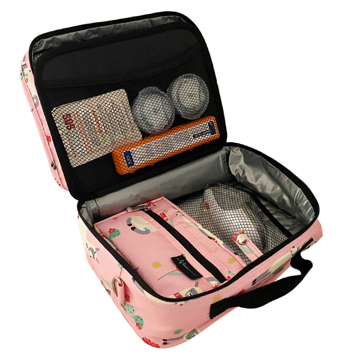 Diabetes Insulated Travel Bag in pink with llamas back compartment for a glucagon kit, Tandem supplies, Dexcom, snacks, glucose tablets, and includes a removable pouch.
