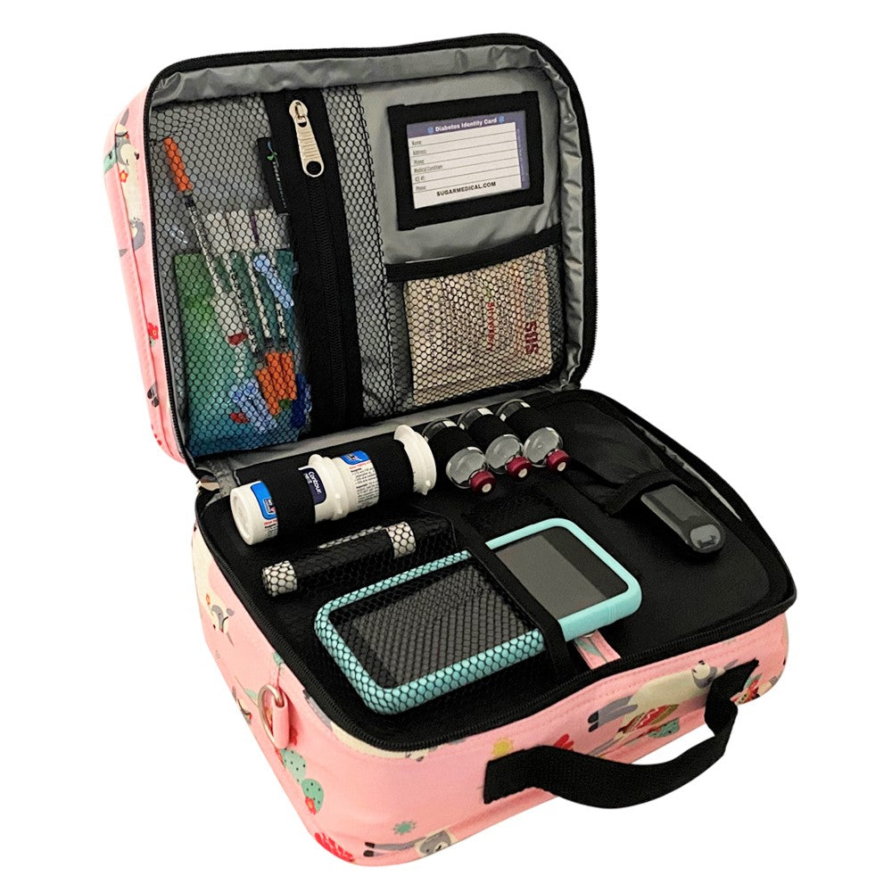 Diabetes Insulated Travel Bag in pink with llamas front compartment for Omnipod supplies, insulin vials, test strips and wipes. 